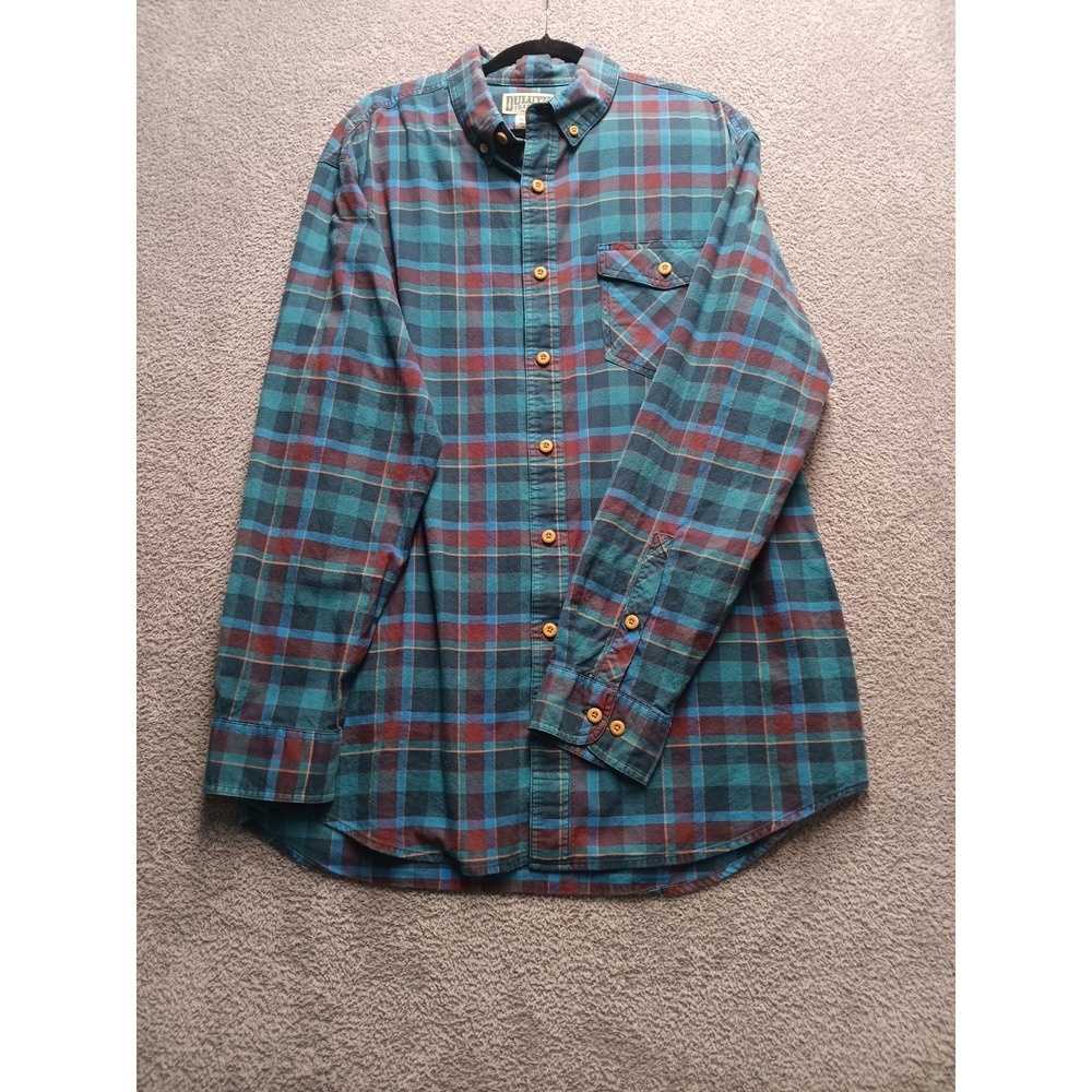 Duluth Trading Co Flannel Shirt XL Tall Relaxed Fit Teal Burgundy Plaid Cotton